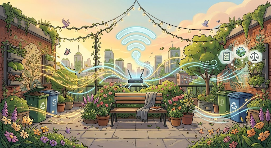 An illustrated garden showing connectivity, recycling, and green space woven together